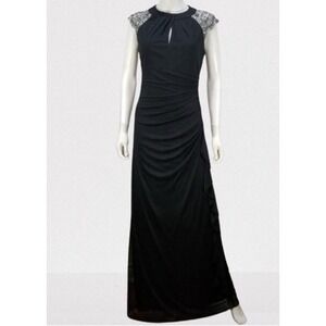 Betsy & Adam Black Halter‎ Maxi Evening Gown Rouging Embellished Shoulders Sz 6